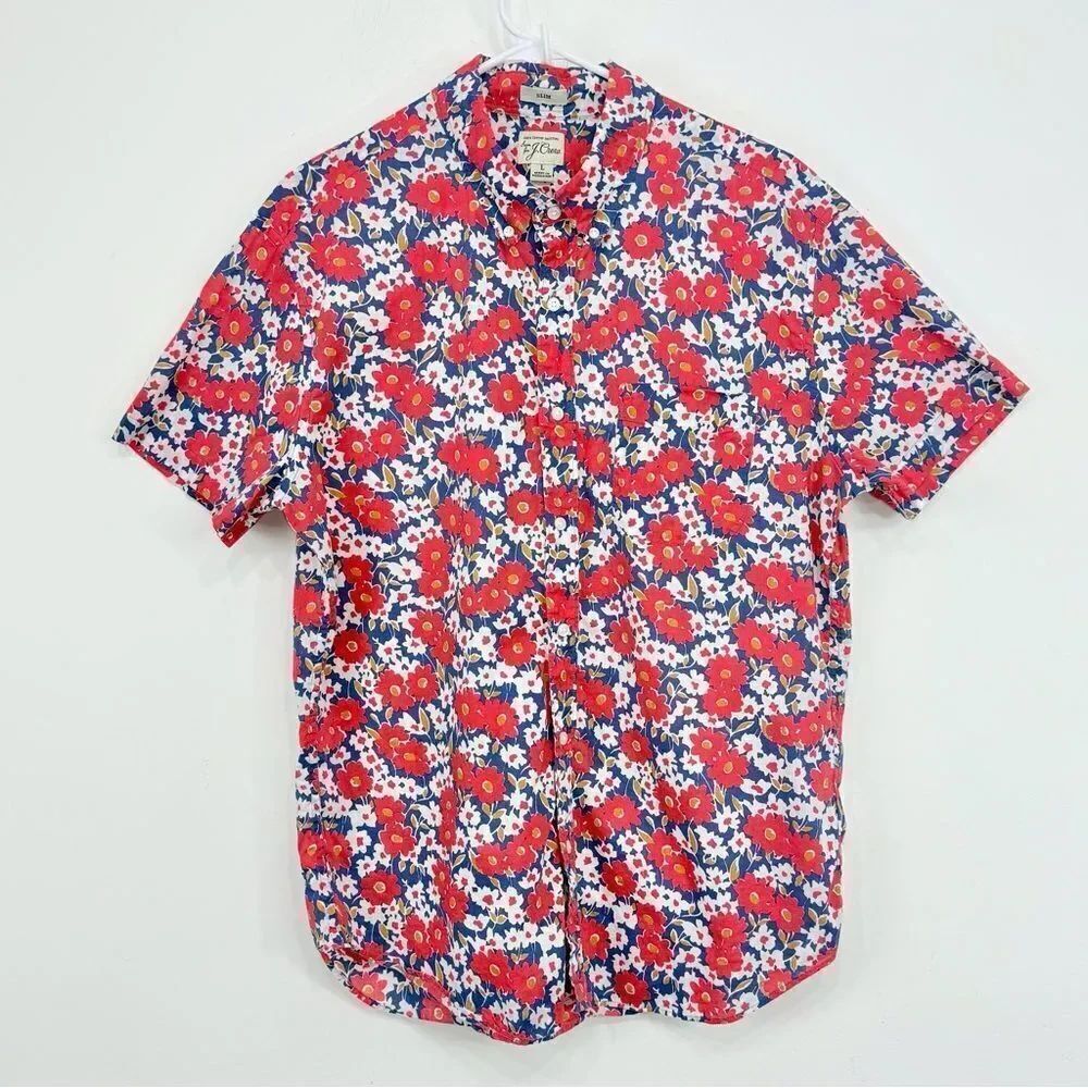 J. Crew Blue Red Floral 100% Cotton Slim Fit Button Down Short Sleeve Shirt